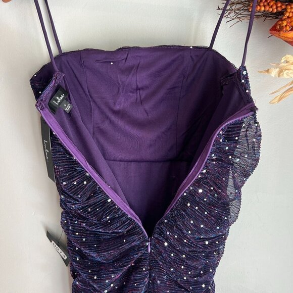 Lulus Flirty Vibes Sparkly Ruched Bodycon Mini Dress Medium in Purple - Picture 7 of 10